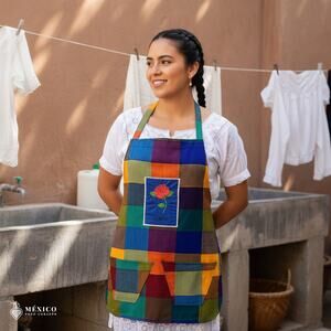 Mexican Embroidered Bib Apron for Women – Multicolor with Floral Design